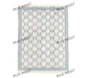 Handwoven Wool & Jute Rug with Blue & Ivory Geometric Pattern – Flatweave