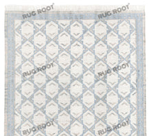 Load image into Gallery viewer, Handwoven Wool &amp; Jute Rug with Blue &amp; Ivory Geometric Pattern – Flatweave

