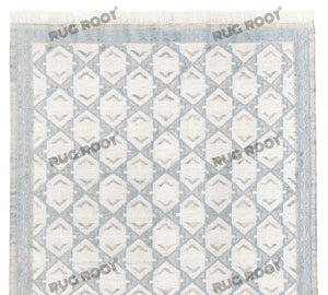 Handwoven Wool & Jute Rug with Blue & Ivory Geometric Pattern – Flatweave