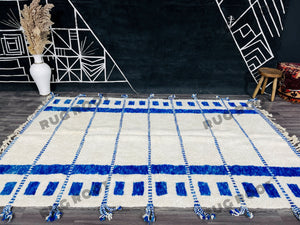 Bohemian Chic Rug | Handwoven White Beni Ourain with Sapphire Stripes