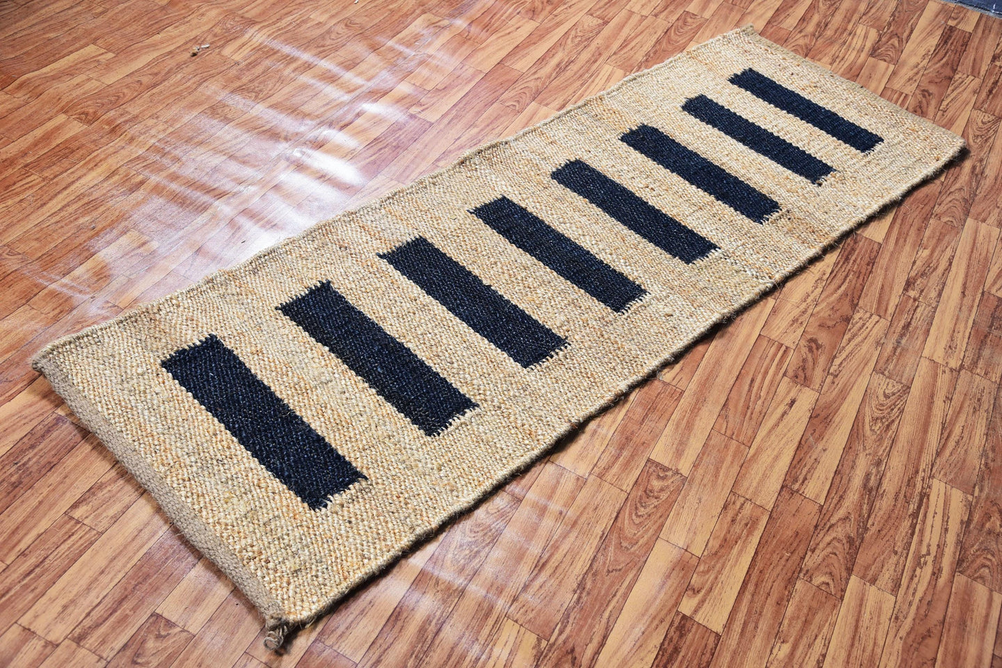 Handwoven Jute & Wool Runner Rug – Natural & Black Stripe Pattern