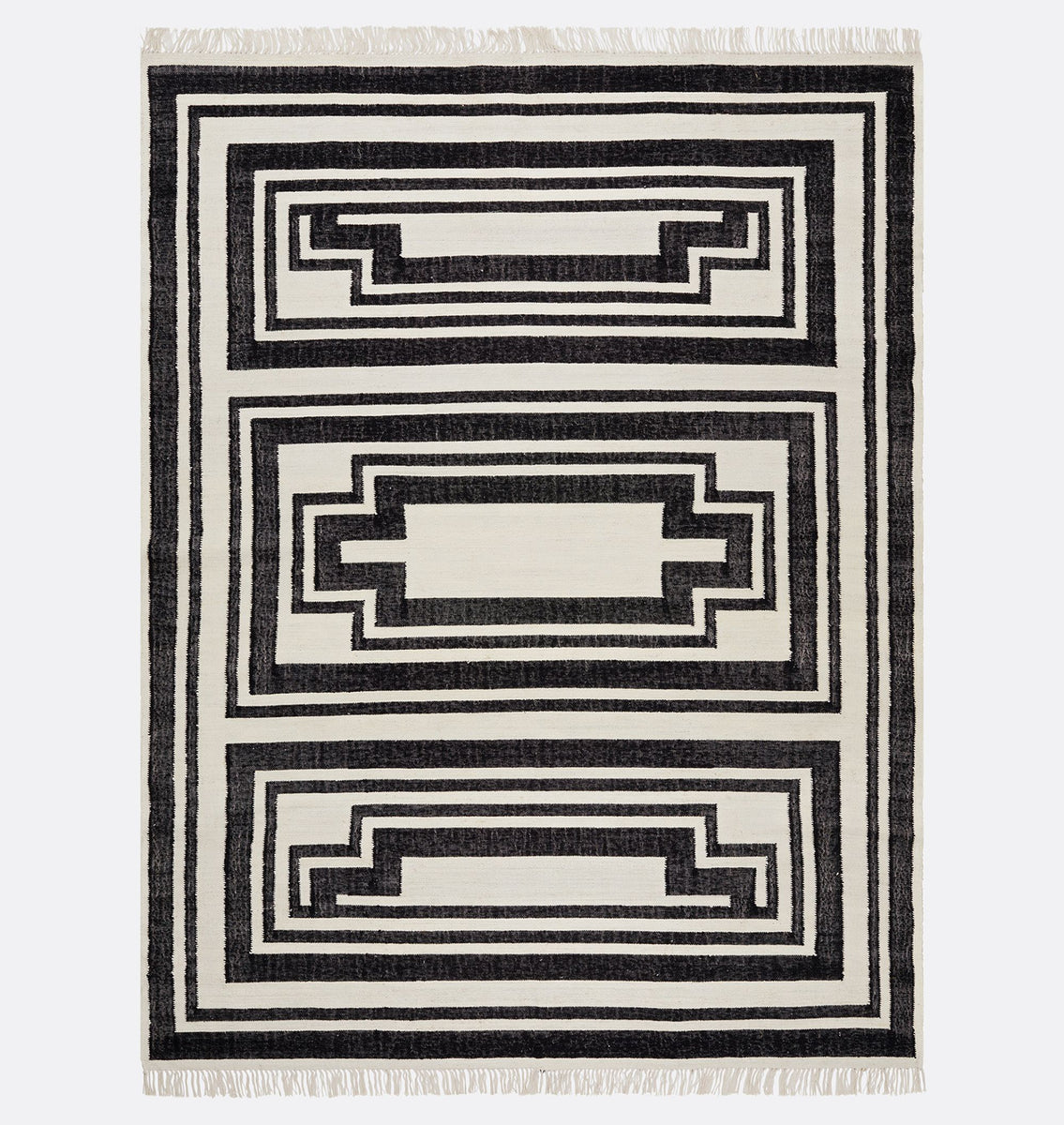Handwoven Wool Rug - Bold Geometric Border Design in Black & White ...