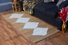 Load image into Gallery viewer, Handwoven Jute &amp; Wool Rug with Diamond Motif – Natural &amp; White, Flatweave Style
