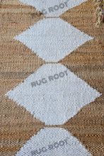 Load image into Gallery viewer, Handwoven Jute &amp; Wool Rug with Diamond Motif – Natural &amp; White, Flatweave Style
