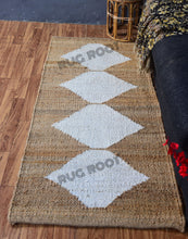 Load image into Gallery viewer, Handwoven Jute &amp; Wool Rug with Diamond Motif – Natural &amp; White, Flatweave Style
