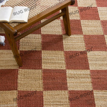 Load image into Gallery viewer, Handwoven Jute &amp; Wool Rug – Terracotta &amp; Natural Checkered Pattern
