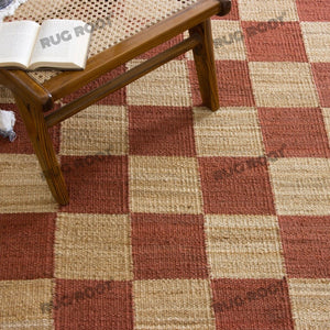 Handwoven Jute & Wool Rug – Terracotta & Natural Checkered Pattern