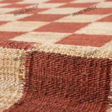 Load image into Gallery viewer, Handwoven Jute &amp; Wool Rug – Terracotta &amp; Natural Checkered Pattern
