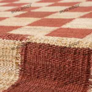Handwoven Jute & Wool Rug – Terracotta & Natural Checkered Pattern
