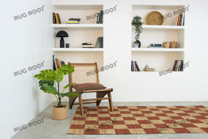 Handwoven Jute & Wool Rug – Terracotta & Natural Checkered Pattern