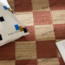 Load image into Gallery viewer, Handwoven Jute &amp; Wool Rug – Terracotta &amp; Natural Checkered Pattern
