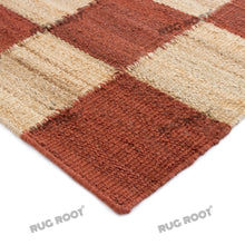 Load image into Gallery viewer, Handwoven Jute &amp; Wool Rug – Terracotta &amp; Natural Checkered Pattern

