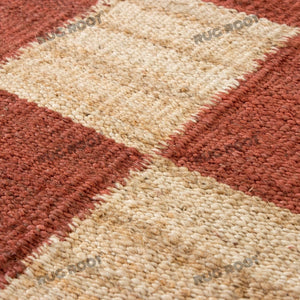 Handwoven Jute & Wool Rug – Terracotta & Natural Checkered Pattern