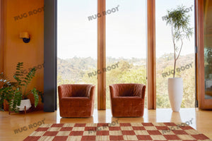 Handwoven Jute & Wool Rug – Terracotta & Natural Checkered Pattern