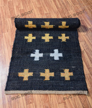 Load image into Gallery viewer, Handwoven Jute &amp; Wool Runner Rug – Black with Gold &amp; White Cross Pattern
