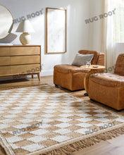 Load image into Gallery viewer, Handwoven Jute &amp; Cotton Rug – Natural &amp; White Diamond Checkered Pattern with Fringe
