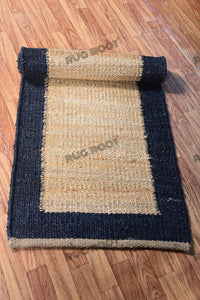 Handwoven Jute & Wool Runner Rug – Natural & Navy Blue Border Design