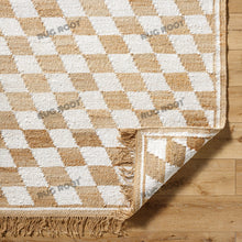 Load image into Gallery viewer, Handwoven Jute &amp; Cotton Rug – Natural &amp; White Diamond Checkered Pattern with Fringe
