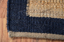 Load image into Gallery viewer, Handwoven Jute &amp; Wool Runner Rug – Natural &amp; Navy Blue Border Design
