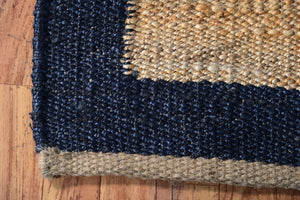 Handwoven Jute & Wool Runner Rug – Natural & Navy Blue Border Design
