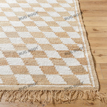 Load image into Gallery viewer, Handwoven Jute &amp; Cotton Rug – Natural &amp; White Diamond Checkered Pattern with Fringe
