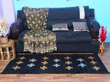 Load image into Gallery viewer, Handwoven Jute &amp; Wool Runner Rug – Black with Gold &amp; White Cross Pattern
