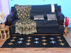 Handwoven Jute & Wool Runner Rug – Black with Gold & White Cross Pattern