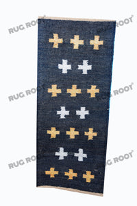 Handwoven Jute & Wool Runner Rug – Black with Gold & White Cross Pattern
