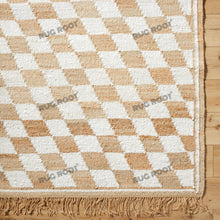 Load image into Gallery viewer, Handwoven Jute &amp; Cotton Rug – Natural &amp; White Diamond Checkered Pattern with Fringe
