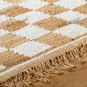 Handwoven Jute & Cotton Rug – Natural & White Diamond Checkered Pattern with Fringe