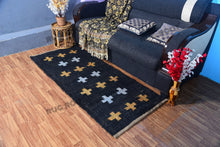 Load image into Gallery viewer, Handwoven Jute &amp; Wool Runner Rug – Black with Gold &amp; White Cross Pattern
