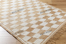 Load image into Gallery viewer, Handwoven Jute &amp; Cotton Rug – Natural &amp; White Diamond Checkered Pattern with Fringe
