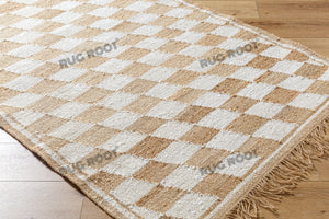 Handwoven Jute & Cotton Rug – Natural & White Diamond Checkered Pattern with Fringe