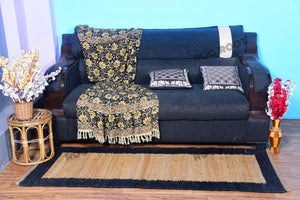 Handwoven Jute & Wool Runner Rug – Natural & Navy Blue Border Design