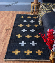 Load image into Gallery viewer, Handwoven Jute &amp; Wool Runner Rug – Black with Gold &amp; White Cross Pattern
