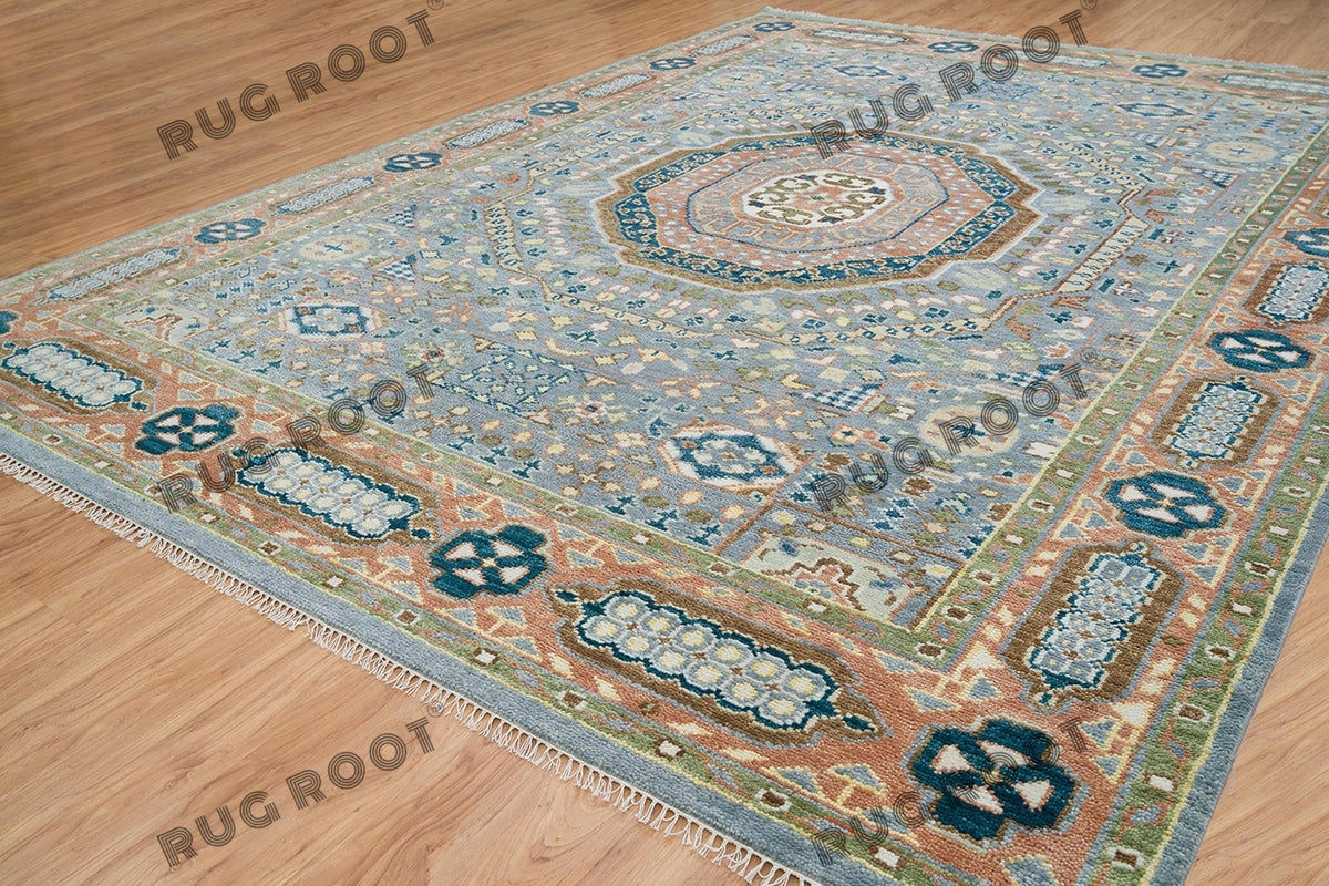 Silver & Grey Oriental Hand-Knotted Rug with Rust Border | Artisan ...