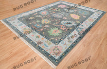 Load image into Gallery viewer, Midnight Garden | Handwoven Dark Grey &amp; Blue Oushak Rug with Pink &amp; Green Accents | Wool, Bedroom
