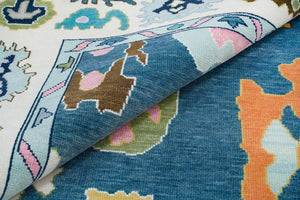 Handmade Contemporary Oushak Rug in Blue & White with Pink Accents, Turkish Rug for  Living Room