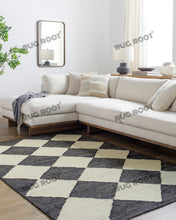 Load image into Gallery viewer, Handwoven Jute &amp; Wool Rug with Geometric Diamond Design - Black &amp; Ivory
