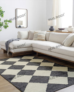 Handwoven Jute & Wool Rug with Geometric Diamond Design - Black & Ivory