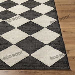 Handwoven Jute & Wool Rug with Geometric Diamond Design - Black & Ivory