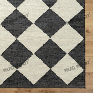 Handwoven Jute & Wool Rug with Geometric Diamond Design - Black & Ivory