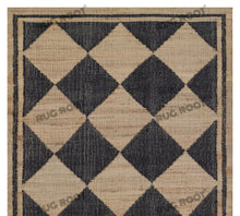 Load image into Gallery viewer, Handwoven Jute &amp; Wool Rug with Diamond Checkered Pattern in Black &amp; Natural – Flatweave
