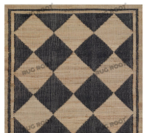 Handwoven Jute & Wool Rug with Diamond Checkered Pattern in Black & Natural – Flatweave