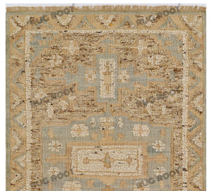 Handwoven Wool & Jute Rug with Antique Medallion Pattern in Beige & Blue – Flatweave