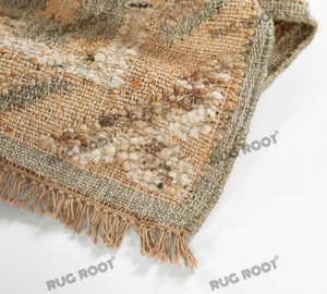 Handwoven Wool & Jute Rug with Antique Medallion Pattern in Beige & Blue – Flatweave