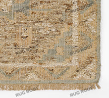 Load image into Gallery viewer, Handwoven Wool &amp; Jute Rug with Antique Medallion Pattern in Beige &amp; Blue – Flatweave
