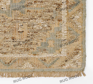 Handwoven Wool & Jute Rug with Antique Medallion Pattern in Beige & Blue – Flatweave