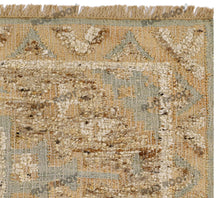 Load image into Gallery viewer, Handwoven Wool &amp; Jute Rug with Antique Medallion Pattern in Beige &amp; Blue – Flatweave
