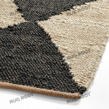 Load image into Gallery viewer, Handwoven Jute &amp; Wool Rug – Navy &amp; Natural Geometric Diamond Pattern
